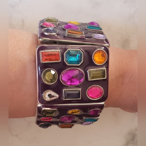 Vintage 2000s Bling Purple Cuff Rhinestones Chunky Statement Bracelet - Picture 4 of 8